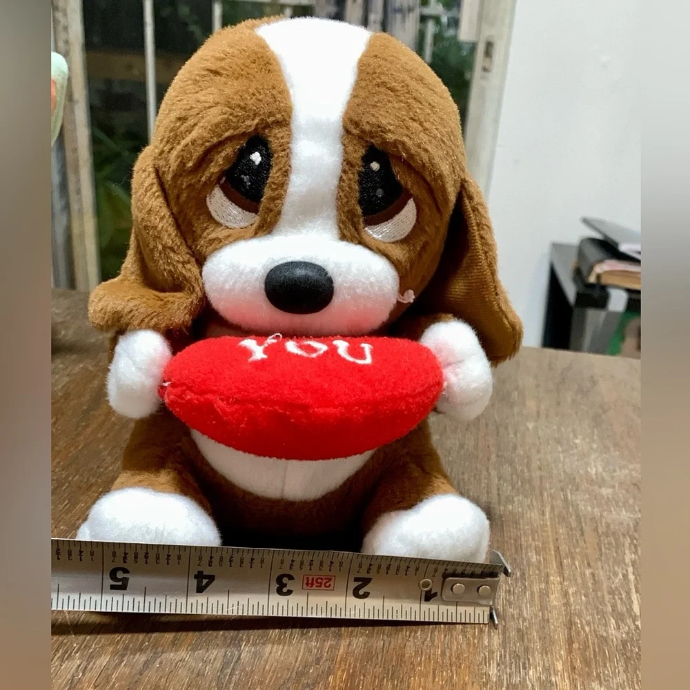 Brown and White Plush Dog Toy with Red Heart